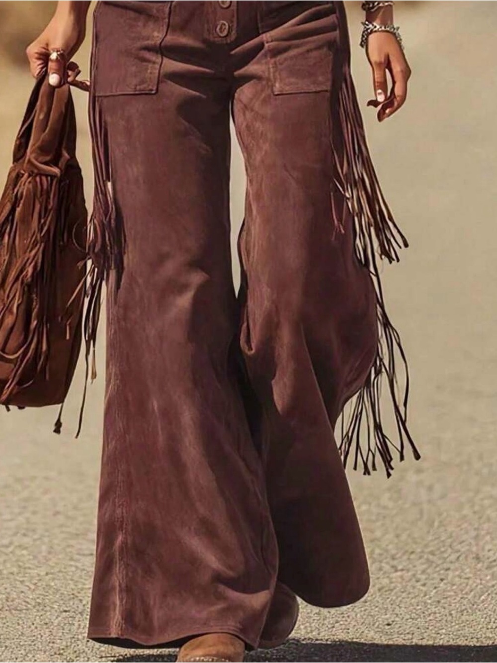 Fringe Suede Wide-Leg Overalls - Brown - Picture 4 of 4